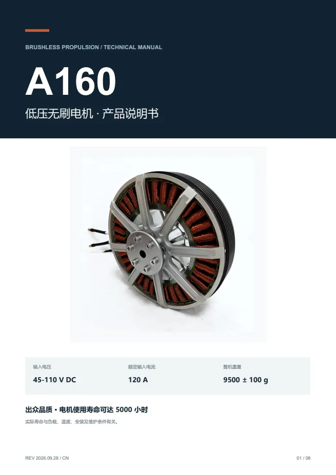 A160 低压无刷电机 产品资料 · 中文 PDF 导读 PDF 封面预览