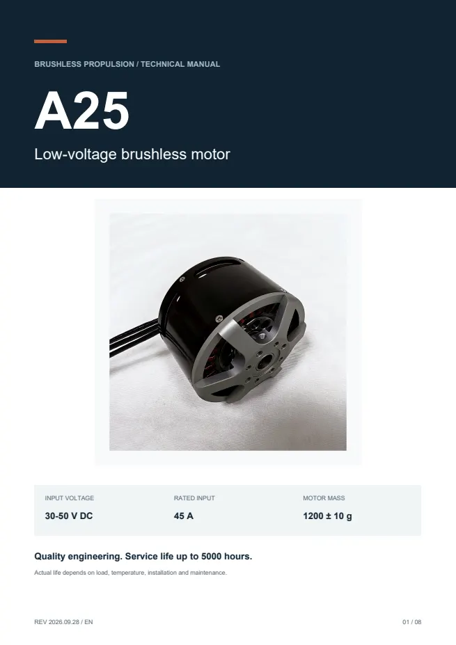 A25 低压无刷电机 产品资料 · 英文 PDF 导读 PDF 封面预览