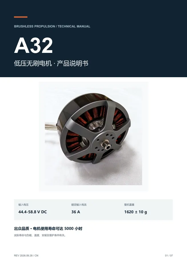 A32 低压无刷电机 产品资料 · 中文 PDF 导读 PDF 封面预览