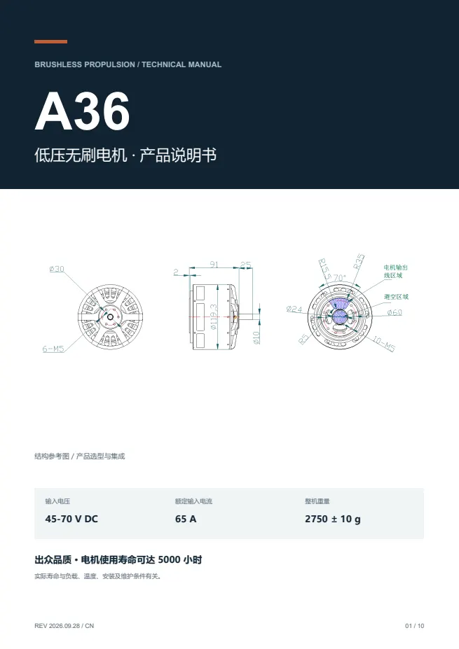 A36 低压无刷电机 产品资料 · 中文 PDF 导读 PDF 封面预览