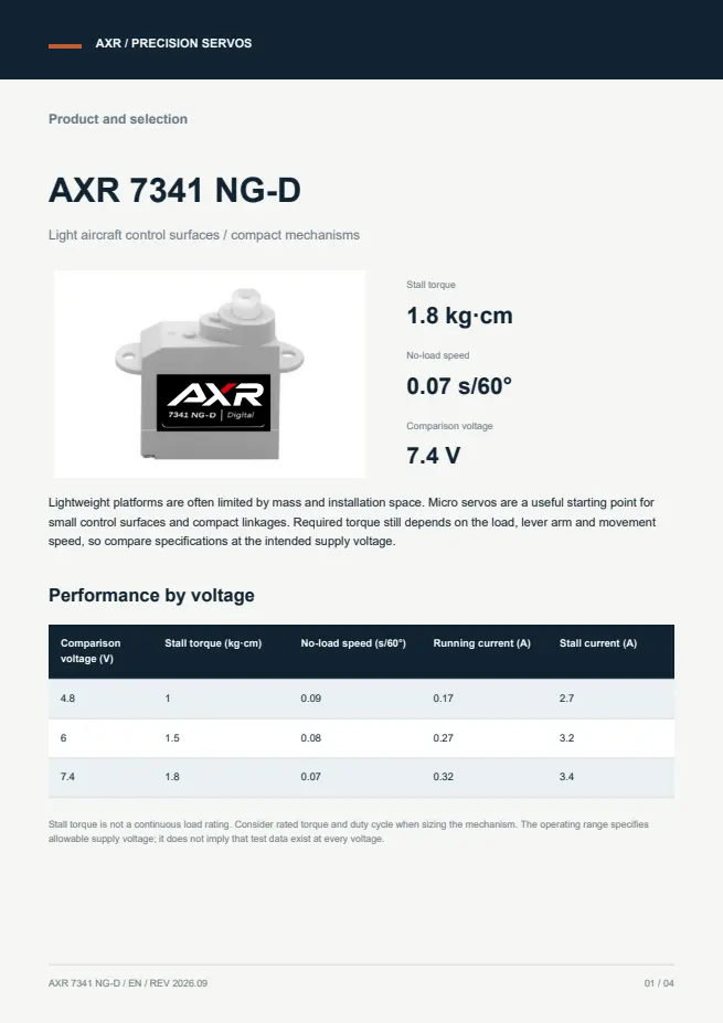 AXR 7341 NG-D 微型舵机 产品资料 · 英文 PDF 导读 PDF 封面预览