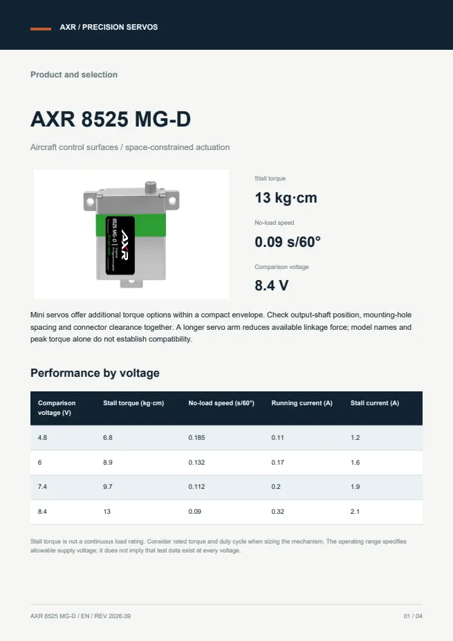 AXR 8525 MG-D 迷你舵机 产品资料 · 英文 PDF 导读 PDF 封面预览