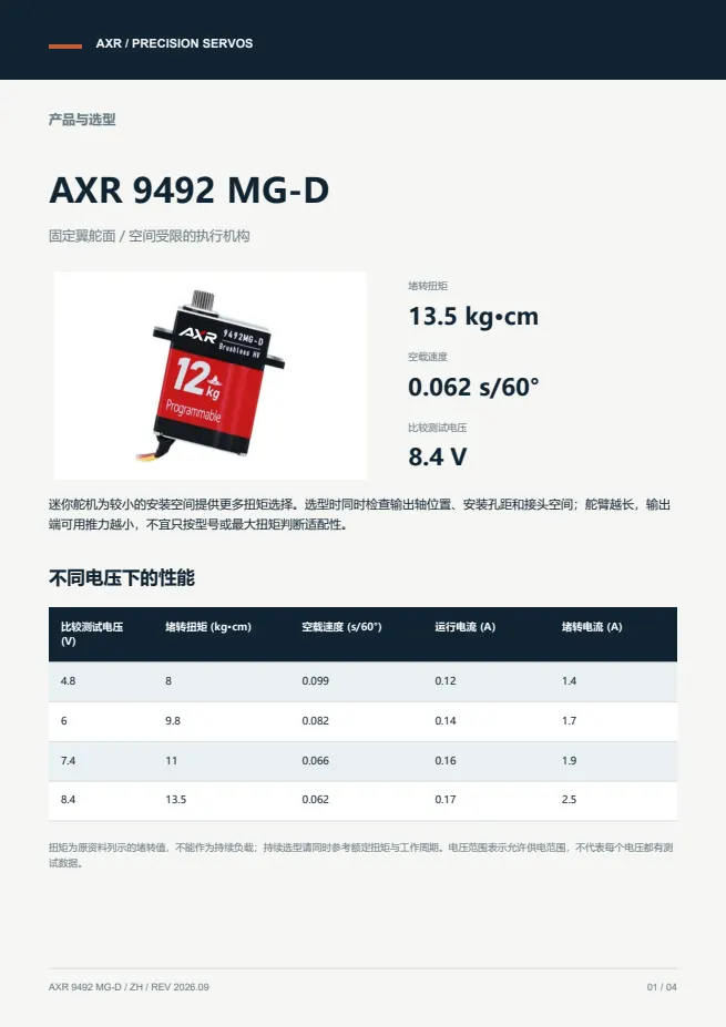 AXR 9492 MG-D 迷你舵机 产品资料 · 中文 PDF 导读 PDF 封面预览