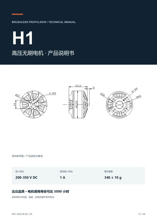 H1 高压无刷电机 产品资料 · 中文 PDF 导读 PDF 封面预览