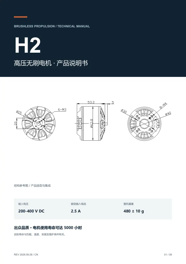 H2 高压无刷电机 产品资料 · 中文 PDF 导读 PDF 封面预览